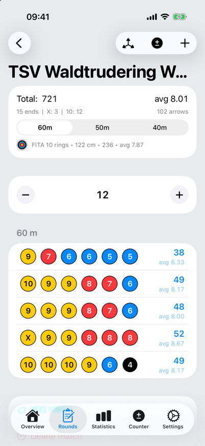 Round with four sections at 90, 70, 50 and 30 metres