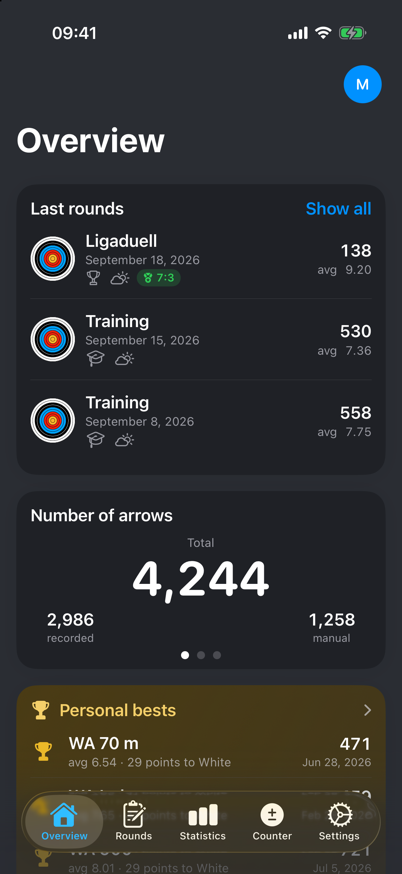 ArrowNotes overview with recent rounds, arrow count and trends