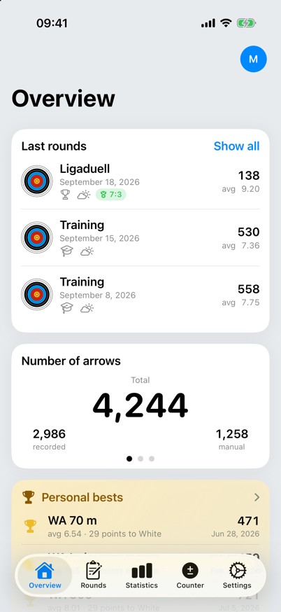 ArrowNotes overview with recent rounds, arrow count and trends