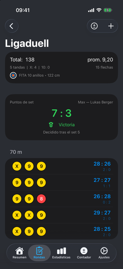 Puntuación de duelo con puntos de set y lista de sets