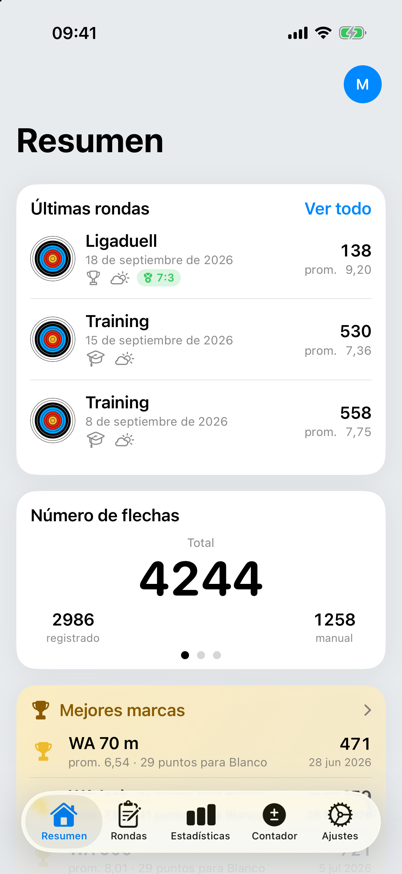 Resumen de ArrowNotes con las últimas rondas, el recuento de flechas y las tendencias