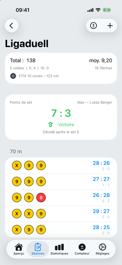 Décompte d’un duel avec points de set et liste des sets