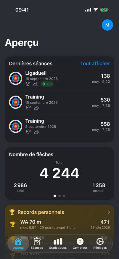 Aperçu ArrowNotes avec les dernières séances, le nombre de flèches et les tendances