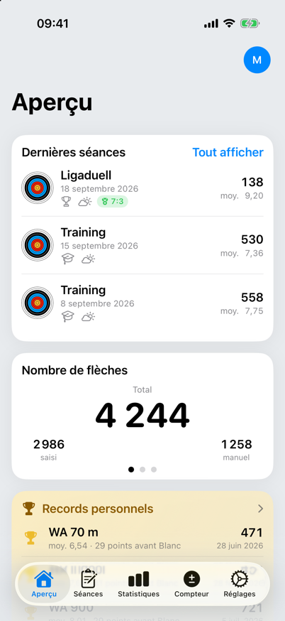 Aperçu ArrowNotes avec les dernières séances, le nombre de flèches et les tendances
